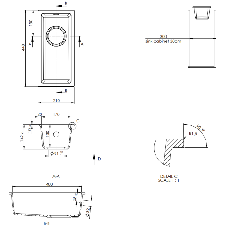 Fregadero GraniteMy Universal de granito negro pequeño 17x40 cm negro de montaje sobre encimera, bajo encimera y enrasado con tapón de cobre 1208967141