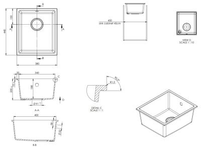 GraniteMy Universal granite white sink 34x40 cm white top-mounted, undermount and flush-mount with black plug 1208967147