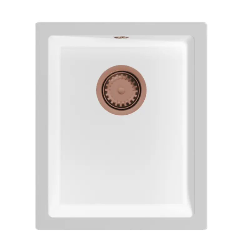 Fregadero GraniteMy Universal de granito blanco 34x40 cm blanco de montaje sobre encimera, bajo encimera y enrasado con tapón de cobre 1208967148