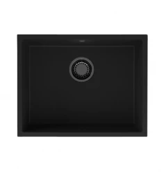 GraniteMy Universal fregadero de granito negro 55x40 cm negro de montaje superior, bajo encimera y a ras con tapón negro 1208967150