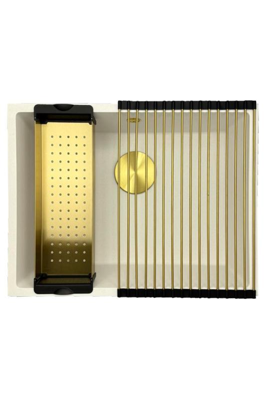 GraniteMy Universal fregadero de granito blanco 55x40 cm blanco para montaje superior, montaje inferior y montaje a ras con tapón dorado 1208967155