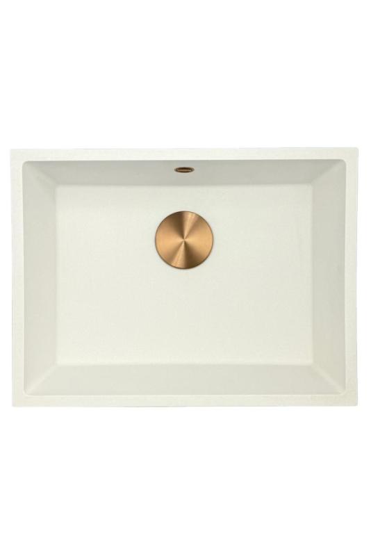 GraniteMy Universal fregadero de granito blanco 55x40 cm blanco montaje superior, inferior y al ras con tapón de cobre 1208967156