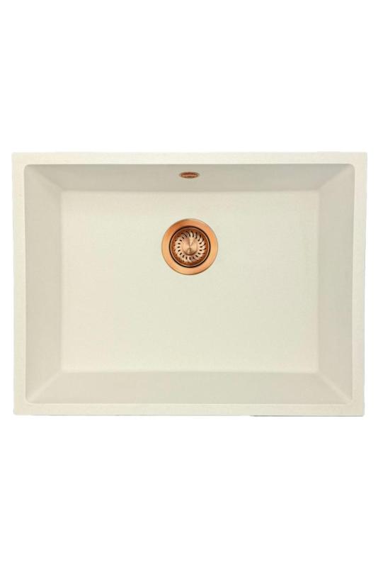 GraniteMy Universal fregadero de granito blanco 55x40 cm blanco montaje superior, inferior y al ras con tapón de cobre 1208967156