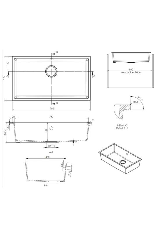 Fregadero GraniteMy Universal de granito blanco grande 74x40 cm de montaje sobre encimera, bajo encimera y empotrado blanco con tapón negro 1208967161