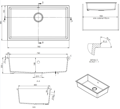 GraniteMy Universal granite large white sink 74x40 cm white top-mounted, undermount and flush-mount with copper plug 1208967162