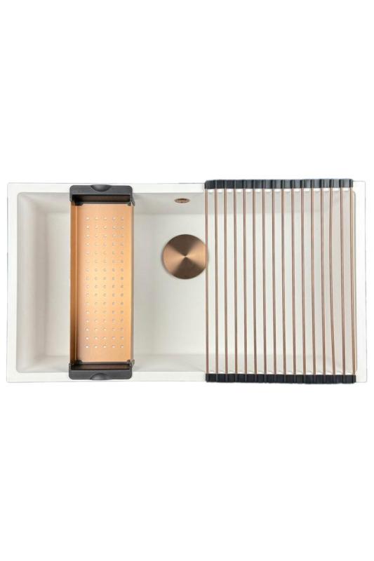 Fregadero GraniteMy Universal de granito blanco grande 74x40 cm blanco de montaje sobre encimera, bajo encimera y enrasado con tapón de cobre 1208967162