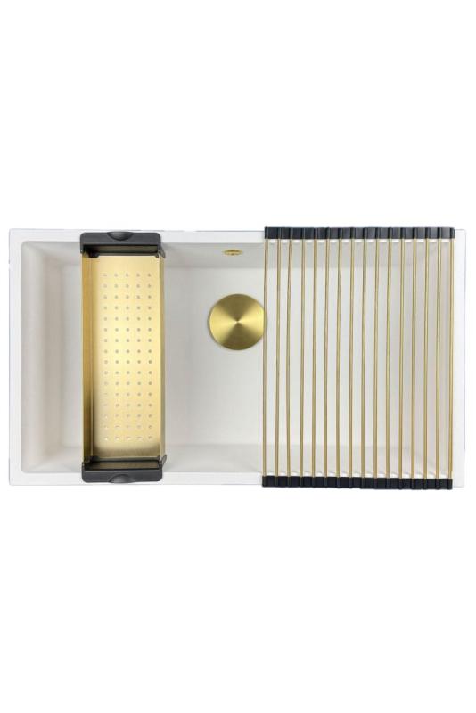 Fregadero GraniteMy Universal de granito blanco grande 74x40 cm blanco de montaje sobre encimera, bajo encimera y enrasado con tapón dorado 1208967163