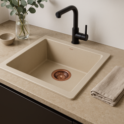 Fregadero GraniteMy Universal granito beige arena 40x40 cm para montaje sobre encimera, bajo encimera y enrasado con tapón de cobre 1208967210