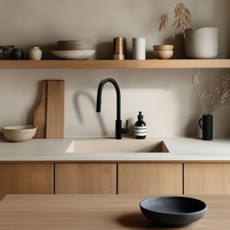 Fregadero GraniteMy Universal granito beige arena 40x40 cm para montaje sobre encimera, bajo encimera y enrasado con tapón de cobre 1208967210