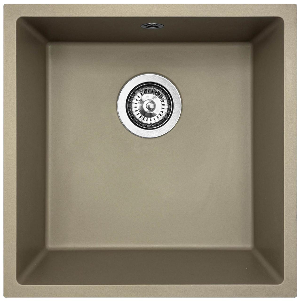 Fregadero GraniteMy Universal de granito taupe de 40x40 cm de montaje sobre encimera, bajo encimera y enrasado con tapón de acero inoxidable 1208967211
