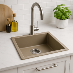 Fregadero GraniteMy Universal de granito taupe de 40x40 cm de montaje sobre encimera, bajo encimera y enrasado con tapón de acero inoxidable 1208967211