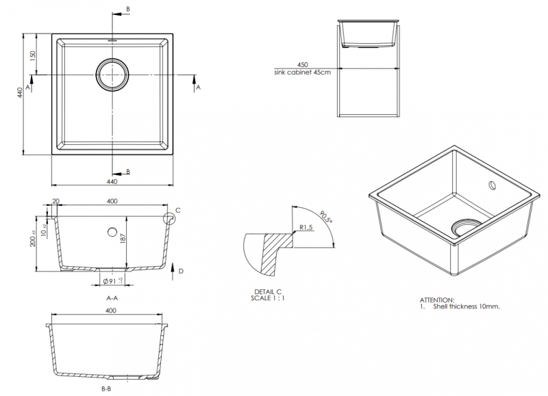 Fregadero GraniteMy Universal de granito para cafetería de 40x40 cm de montaje sobre encimera, bajo encimera y enrasado con tapón de acero inoxidable 1208967212
