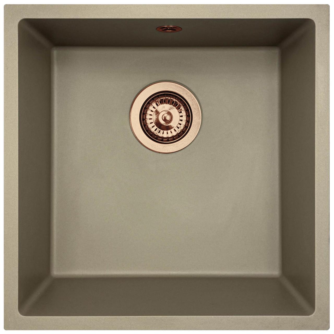 Fregadero GraniteMy Universal de granito taupe de 40x40 cm de montaje sobre encimera, bajo encimera y enrasado con tapón de cobre 1208967214