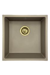 Fregadero GraniteMy Universal de granito taupe de 40x40 cm de montaje sobre encimera, bajo encimera y enrasado con tapón dorado 1208967215