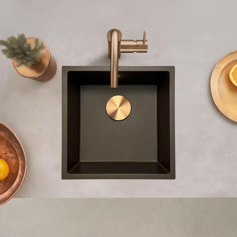 Fregadero GraniteMy Universal de granito para cafetería de 40x40 cm de montaje sobre encimera, bajo encimera y enrasado con tapón de cobre 1208967217