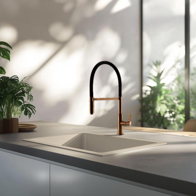 Fregadero GraniteMy Universal de granito beige arena 50x40 cm para montaje sobre encimera, bajo encimera y enrasado con tapón de cobre 1208967221