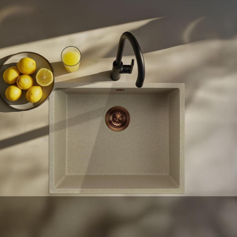Fregadero GraniteMy Universal de granito beige arena 50x40 cm para montaje sobre encimera, bajo encimera y enrasado con tapón de cobre 1208967221