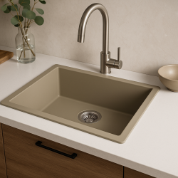 Fregadero GraniteMy Universal de granito taupe de 50x40 cm de montaje sobre encimera, bajo encimera y enrasado con tapón de acero inoxidable 1208967223