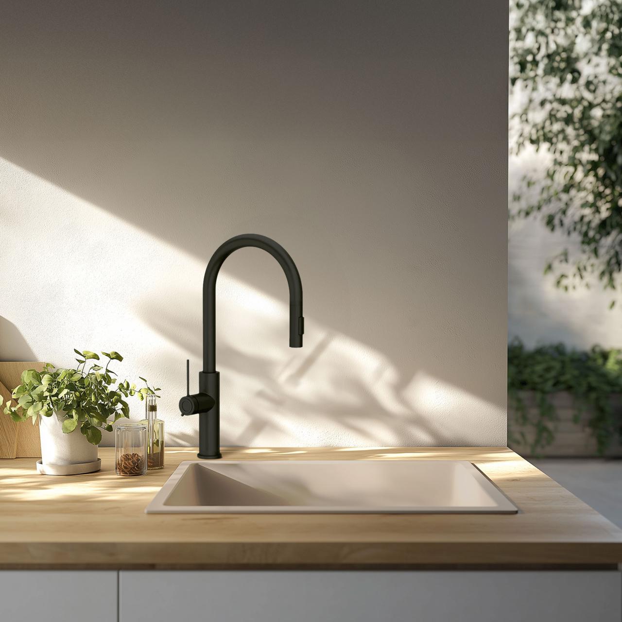 Fregadero GraniteMy Universal de granito beige arena 40x40 cm de montaje sobre encimera, bajo encimera y enrasado con tapón negro 1208967232