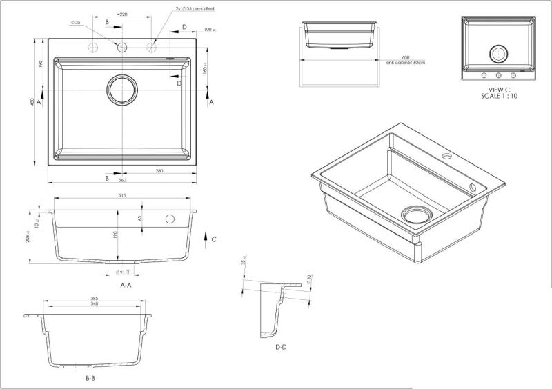 GraniteMy Fregadero de granito para encimera 56x48 cm negro con tapón negro, incluye accesorios 1208967233