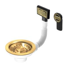 Conjunto de tapón de canasta Granitemy PVD en oro cepillado, conjunto de desagüe para fregadero incl. desbordamiento redondo y rectangular 1208967251