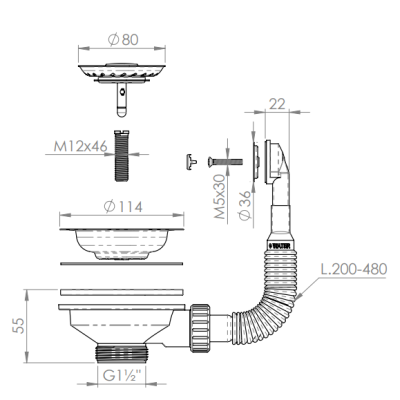 Granite sink strainer set matte white, drain set for sink including round overflow 1208967257