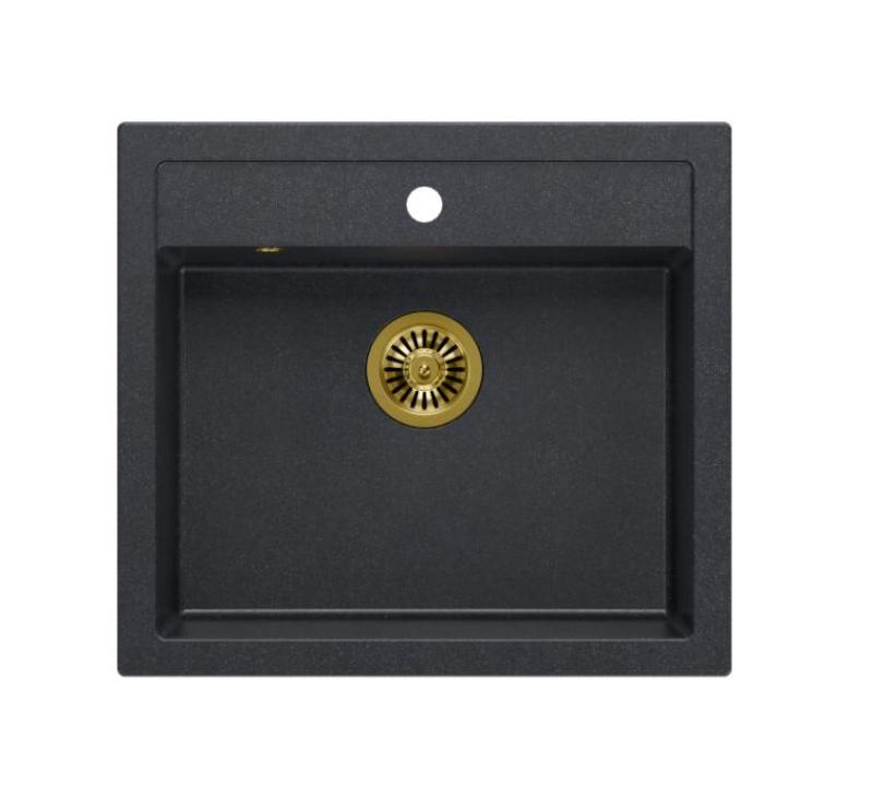Quadri Farmhouse fregadero rústico de granito empotrado o de superficie antracita con tapón dorado 595x540mm 1208967267