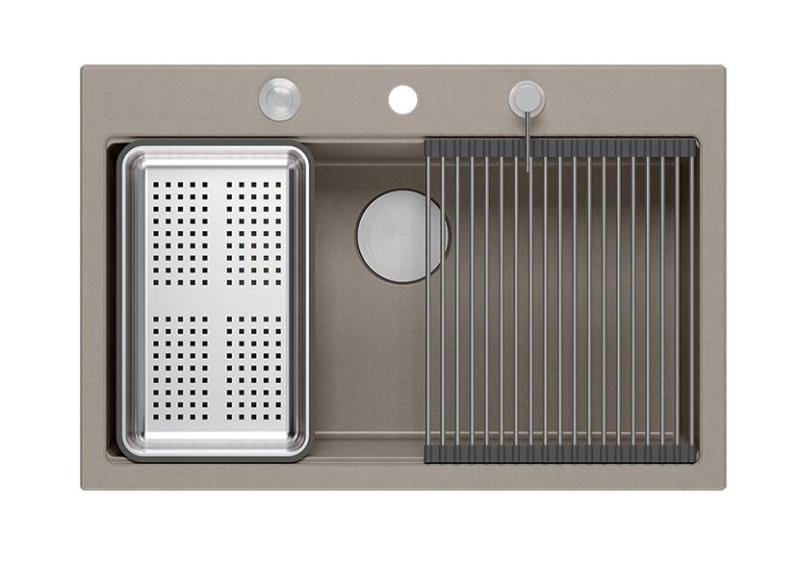 Quadri Hard Rock taupe fregadero de granito grande sobre encimera 76x50cm, incluye tapón de acero inoxidable y accesorios 1208967270