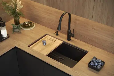 Quadri Newport II grey granite inset and undermount sink with manual siphon 76x45cm 1208967272