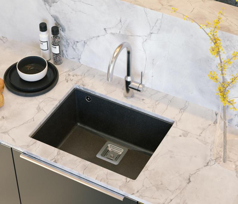 Quadri Quadrangle granito antracita fregadero bajo encimera 55x42cm con tapón de acero inoxidable 1208967273
