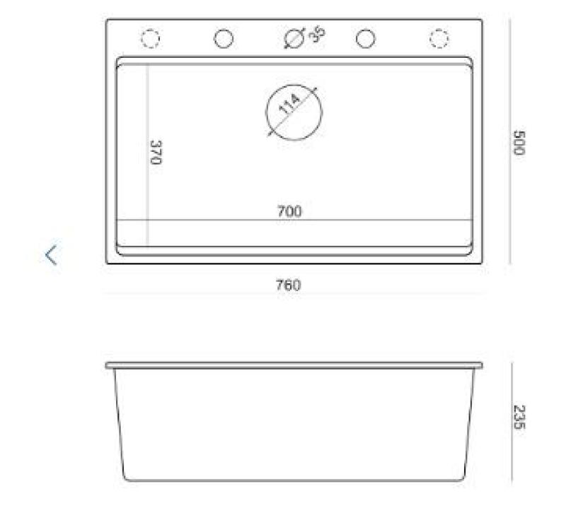 Quadri Hard Rock fregadero grande de granito negro mate sobre encimera 76x50cm, incluye tapón dorado y accesorios 1208967277