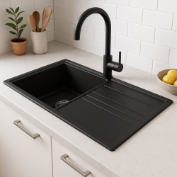 GraniteMy Vesi fregadero de granito negro empotrado de 86x50cm con escurridor reversible y tapón de acero inoxidable 1208967279