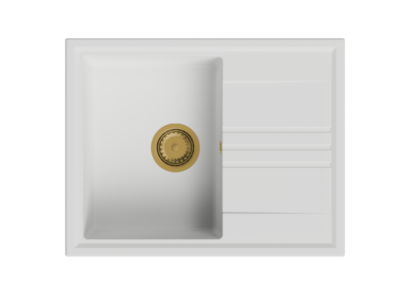 Mi Vesi granito empotrado fregadero blanco 64x50cm con escurridor reversible con tapón de oro (latón cepillado) 1208967300