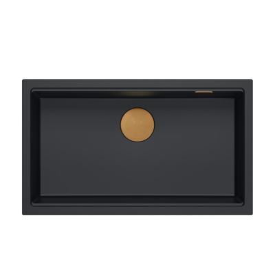Quadri Newport II black granite inset and undermount sink with manual siphon 76x45cm with copper plug 1208967306
