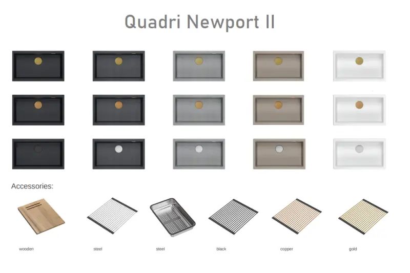 Quadri Newport II fregadero grande y profundo de granito, montaje superior y empotrado, color antracita, fregadero de 76x45 cm con tapón dorado 1208967312