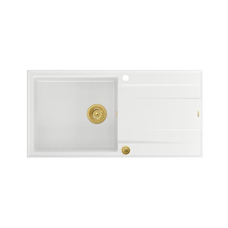 Quadri Luton fregadero de granito blanco con escurridor reversible 100x50cm con tapón dorado 1208967319