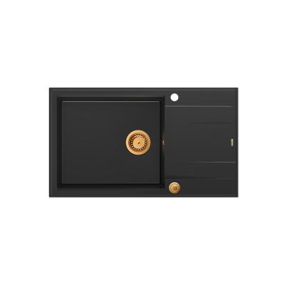 Quadri Luton black granite large Inset Kitchen Sink with draining board reversible 86x50cm with copper plug 1208967326