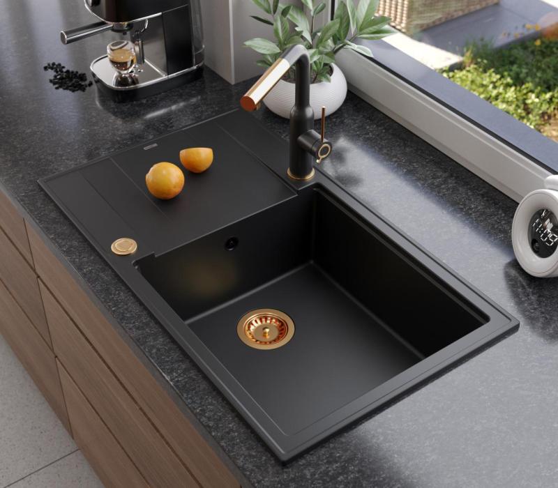 Quadri Luton fregadero grande de granito negro con escurridor reversible 86x50cm con tapón de cobre 1208967326