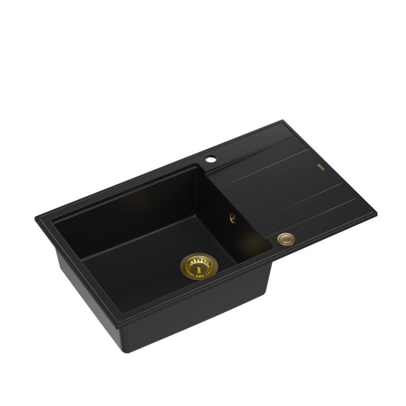 Quadri Luton fregadero grande de granito negro con escurridor reversible 86x50cm con tapón dorado 1208967327