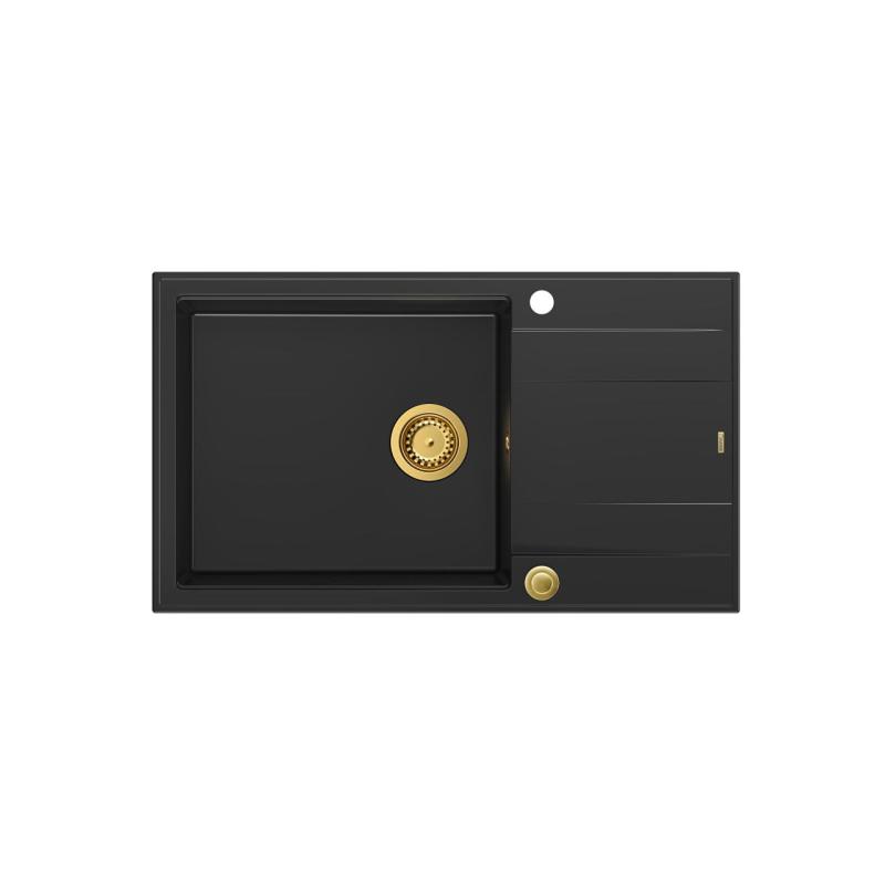 Quadri Luton fregadero grande de granito negro con escurridor reversible 86x50cm con tapón dorado 1208967327
