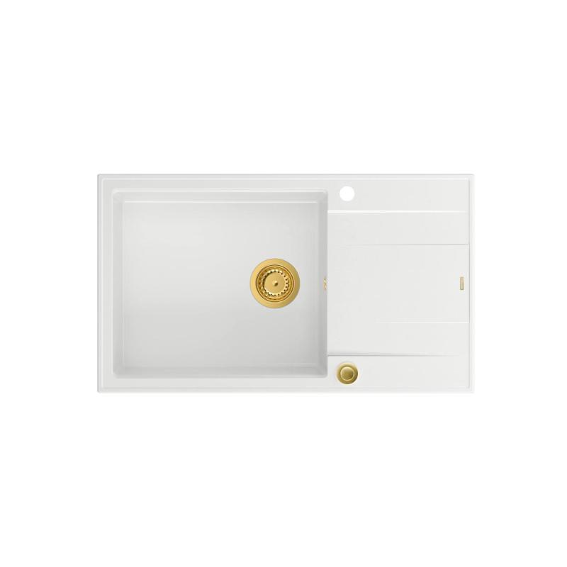 Quadri Luton fregadero grande de granito blanco sobre encimera con escurridor reversible 86x50cm con tapón dorado 1208967329