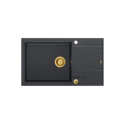 Quadri Luton anthracite granite large Inset Kitchen Sink with draining board reversible 86x50cm with golden plug 1208967334
