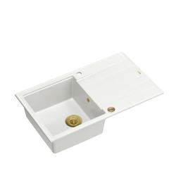Quadri Luton fregadero sobre encimera de granito blanco con escurridor reversible 86x50cm con tapón dorado 1208967338