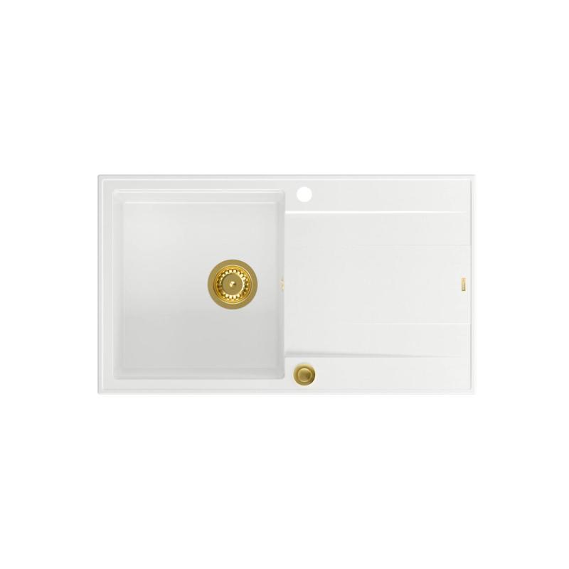 Quadri Luton fregadero sobre encimera de granito blanco con escurridor reversible 86x50cm con tapón dorado 1208967338