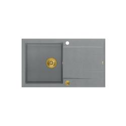 Quadri Luton fregadero de granito gris de montaje superficial con escurridor reversible de 86x50cm con enchufe dorado 1208967341