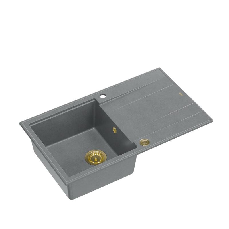 Quadri Luton fregadero de granito gris de montaje superficial con escurridor reversible de 86x50cm con enchufe dorado 1208967341