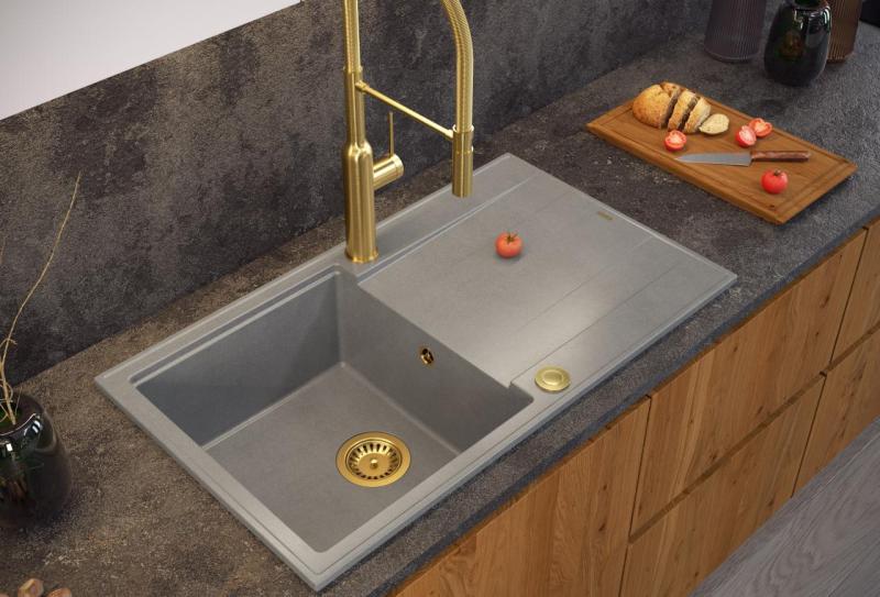 Quadri Luton fregadero de granito gris de montaje superficial con escurridor reversible de 86x50cm con enchufe dorado 1208967341