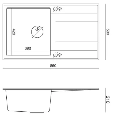 Quadri Luton grey granite Inset Kitchen Sink with draining board reversible 86x50cm with copper plug 1208967342