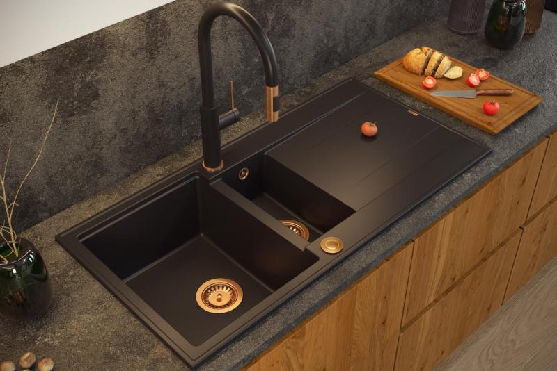 Quadri Luton fregadero de granito negro de superficie 1,5 con escurridor reversible 100x50cm con tapón de cobre 1208967347