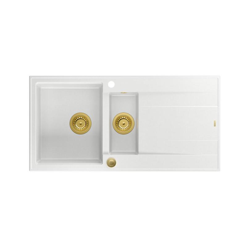 Quadri Luton fregadero de granito blanco sobre encimera 1,5 senos con escurridor reversible 100x50cm con tapón dorado 1208967348